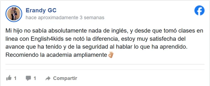 Reseña de Facebook de Erandy GC, madre de familia de English4Kids