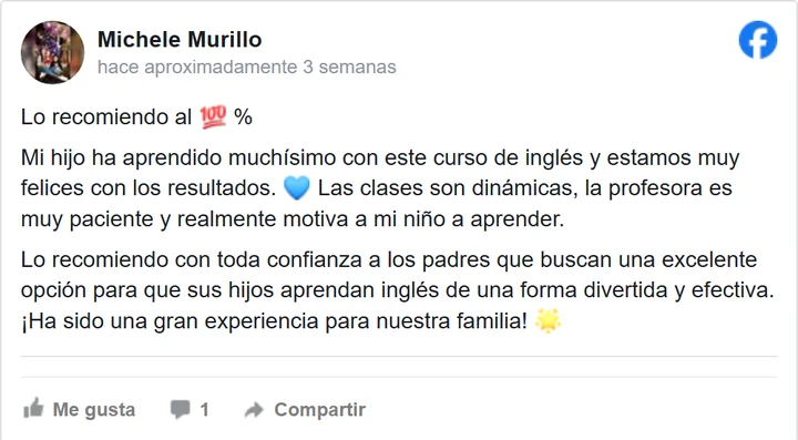 Reseña de Facebook de Michele Murillo, madre de familia de English4Kids