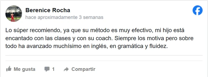 Reseña de Facebook de Berenice Rocha, madre de familia de English4Kids